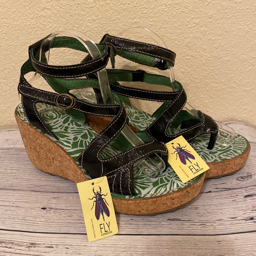 Fly London Black Patent Wedge Sandal